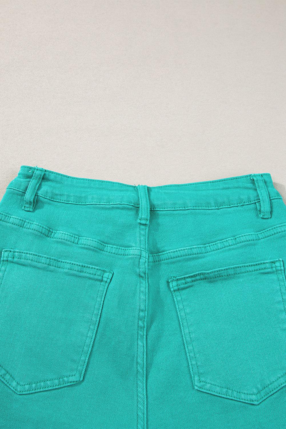 Turquoise Frayed Edge Mid Rise Denim Shorts - Honeypot