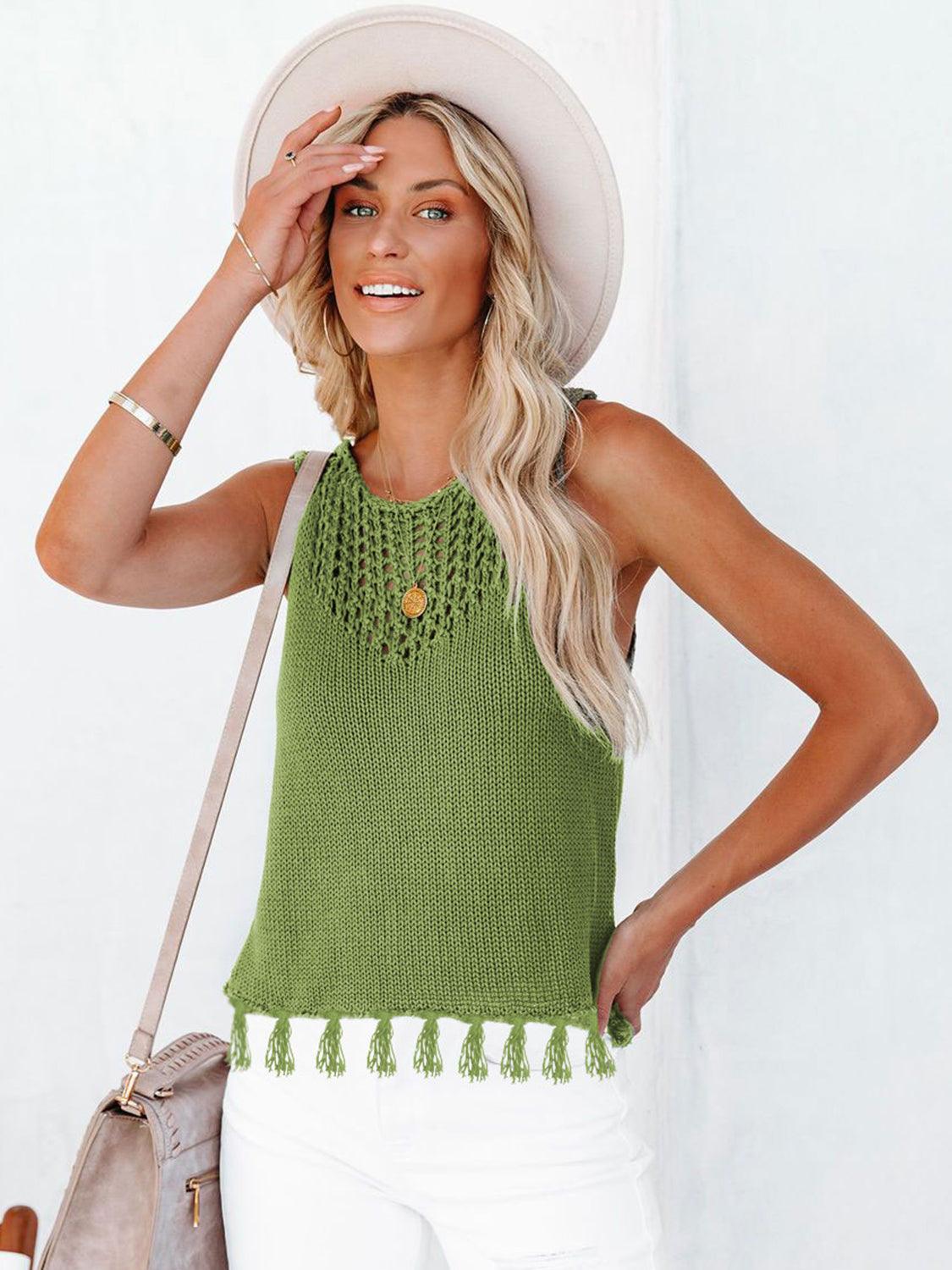 Cutout Tassel Round Neck Tank - Honeypot