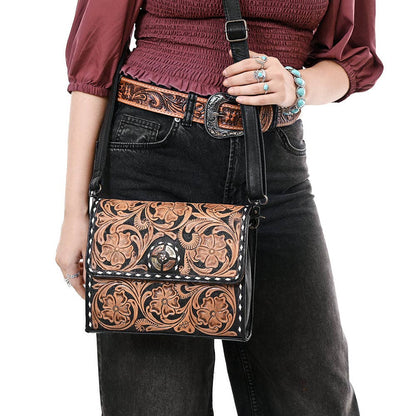 ADBG1494 Mini Black Tooled Leather Crossbody - Western Handmade Bag by American Darling