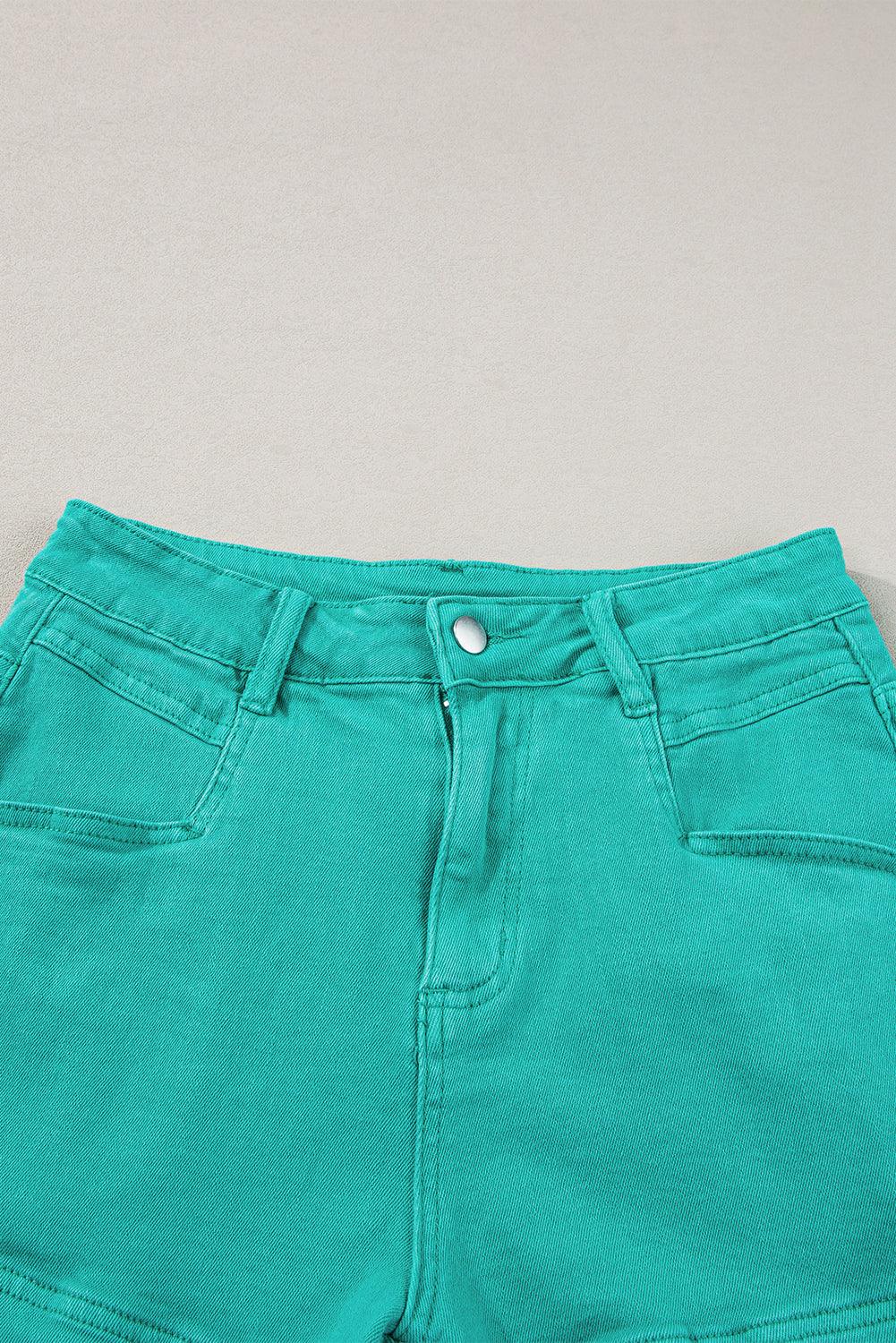 Turquoise Frayed Edge Mid Rise Denim Shorts - Honeypot