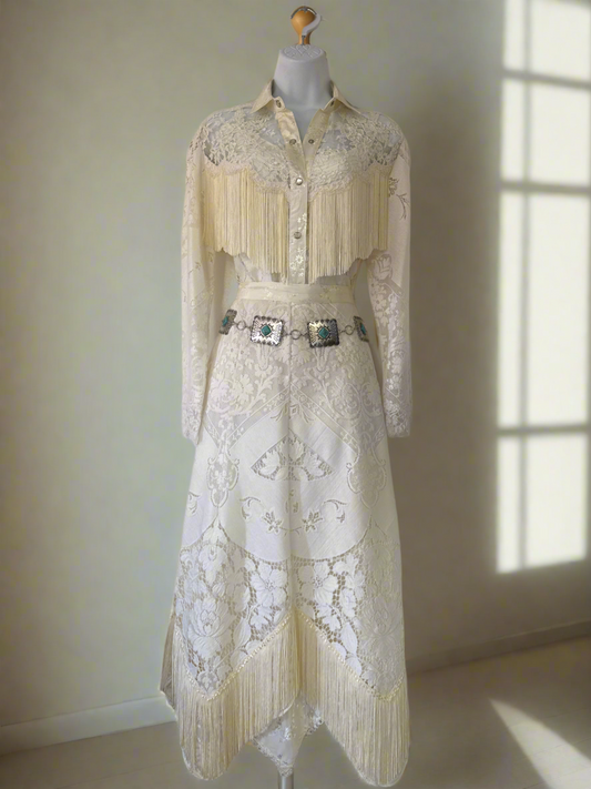 80's Bridal Fringe Pearl Snap + Skirt Set // Martin McCrea, S