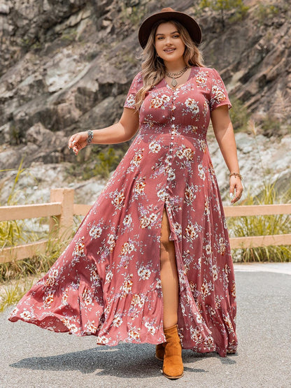 Plus Size Floral Slit Ruffle Hem Dress - Honeypot