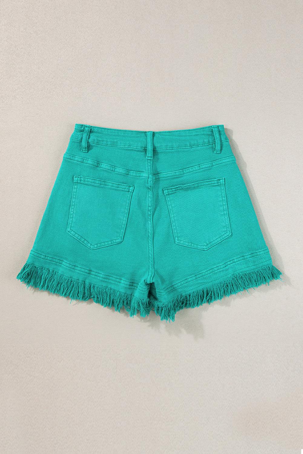 Turquoise Frayed Edge Mid Rise Denim Shorts - Honeypot