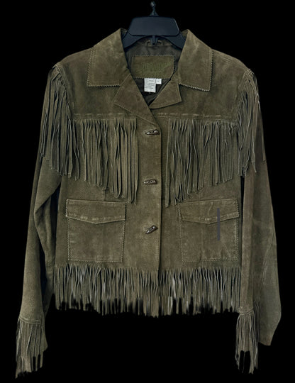 Green Leather Fringe Jacket, L