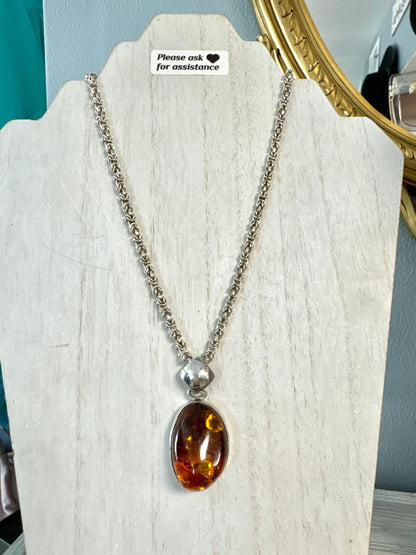 Amber + Silver Pendant Necklace - Honeypot