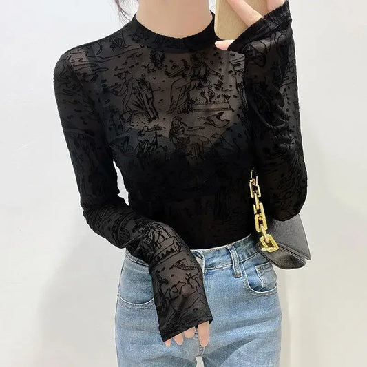 Sheer Mesh Mock Neck Top