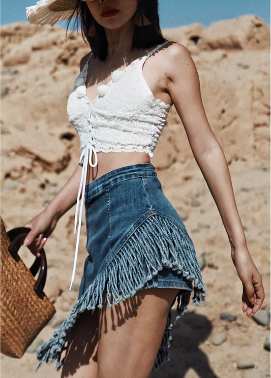 Asymmetric Denim Fringe Skirt