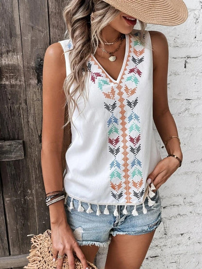 Tassel Printed V-Neck Tank - Honeypot