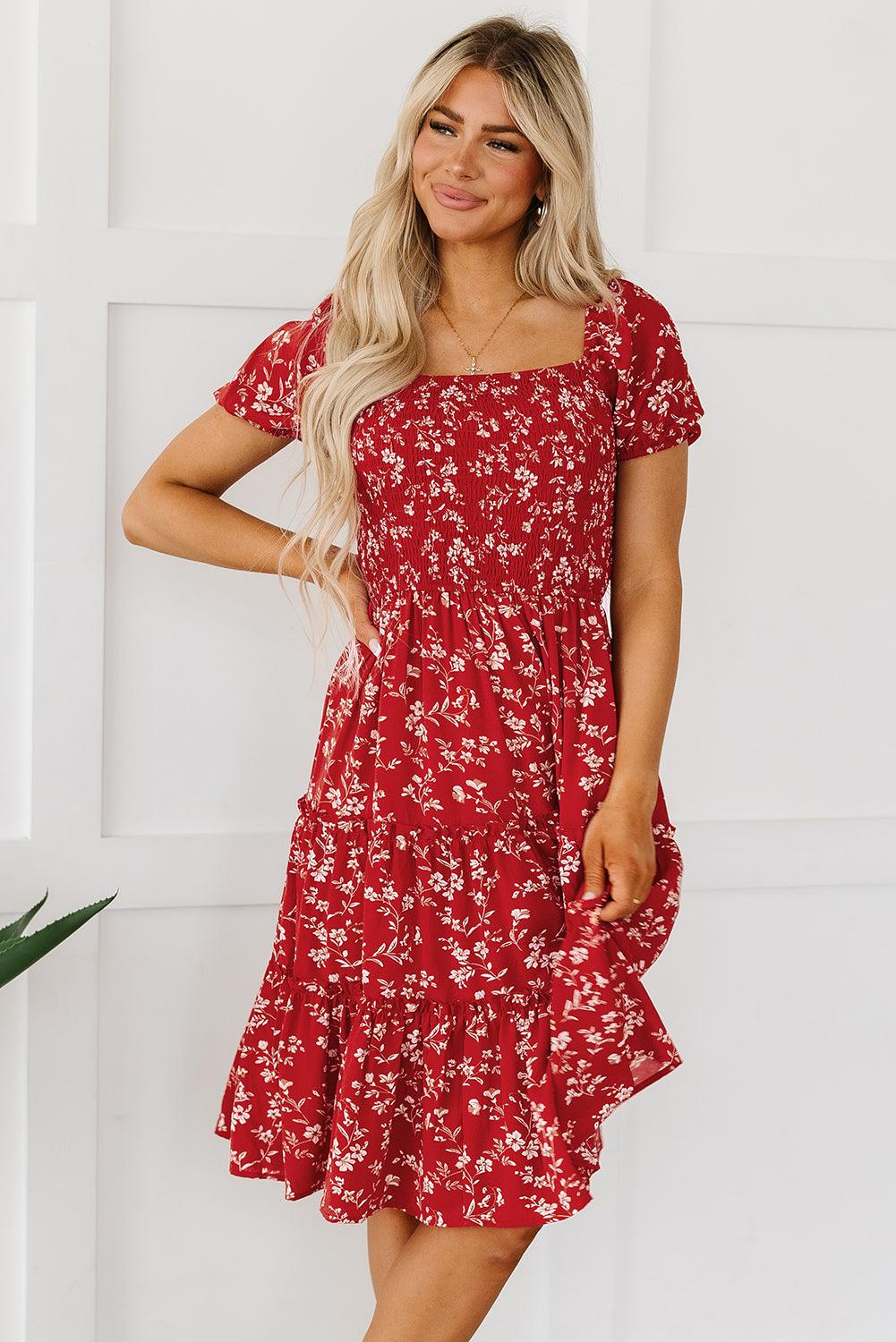 Red Floral Square Neck Midi Dress - Honeypot