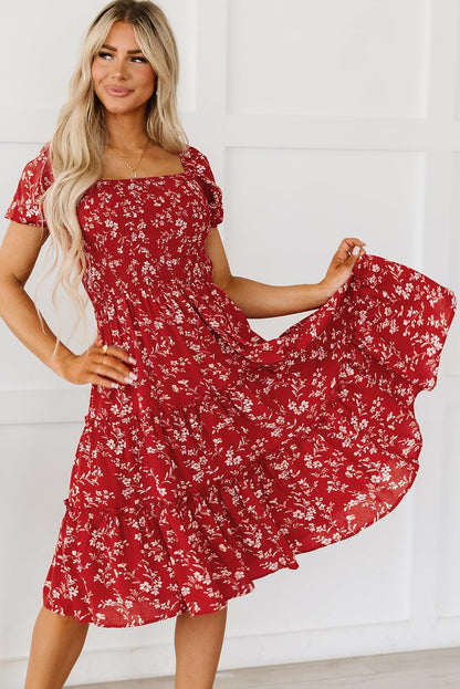 Red Floral Square Neck Midi Dress - Honeypot