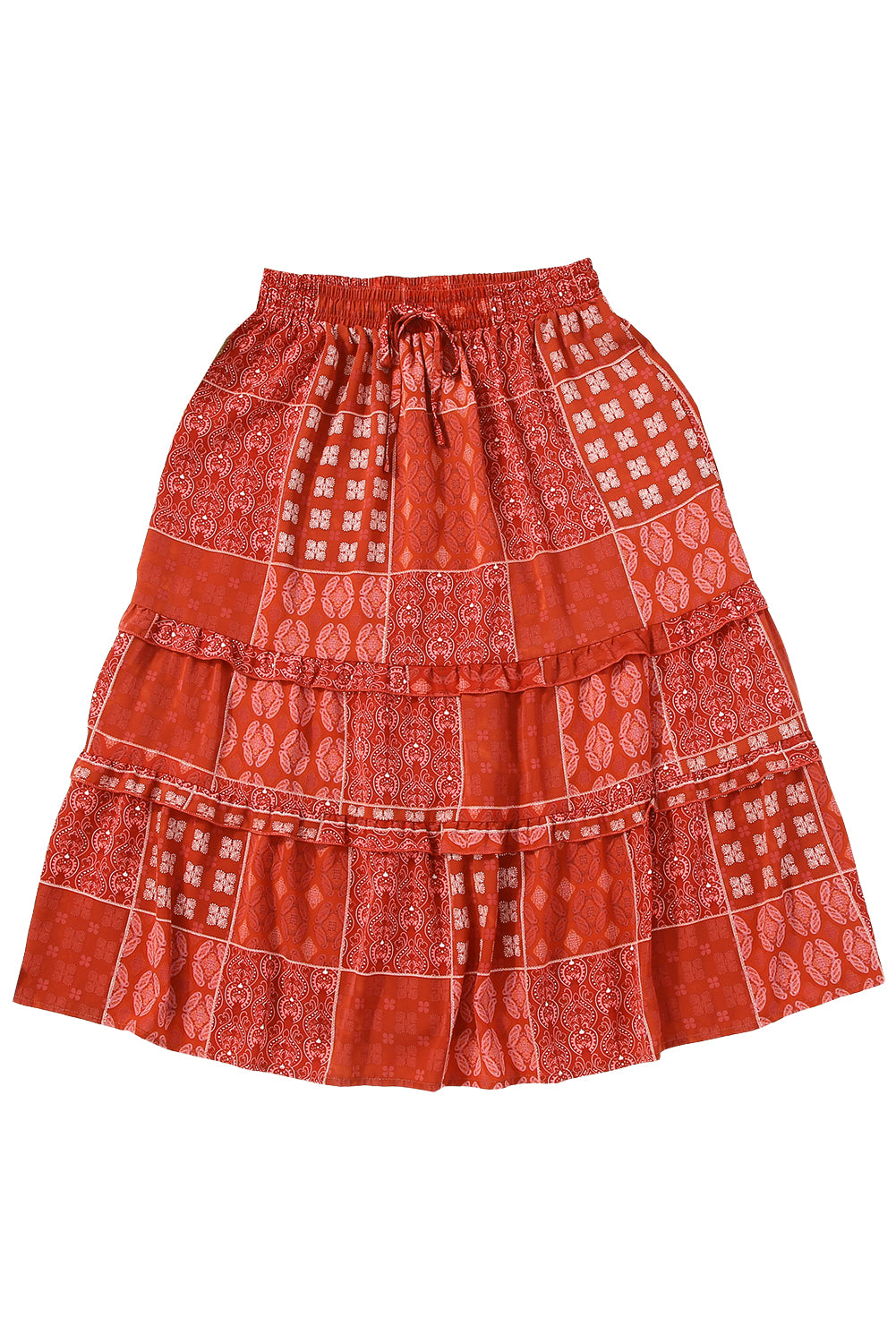 Fiery Red Bohemian Mix Print Long Flared Skirt - Honeypot