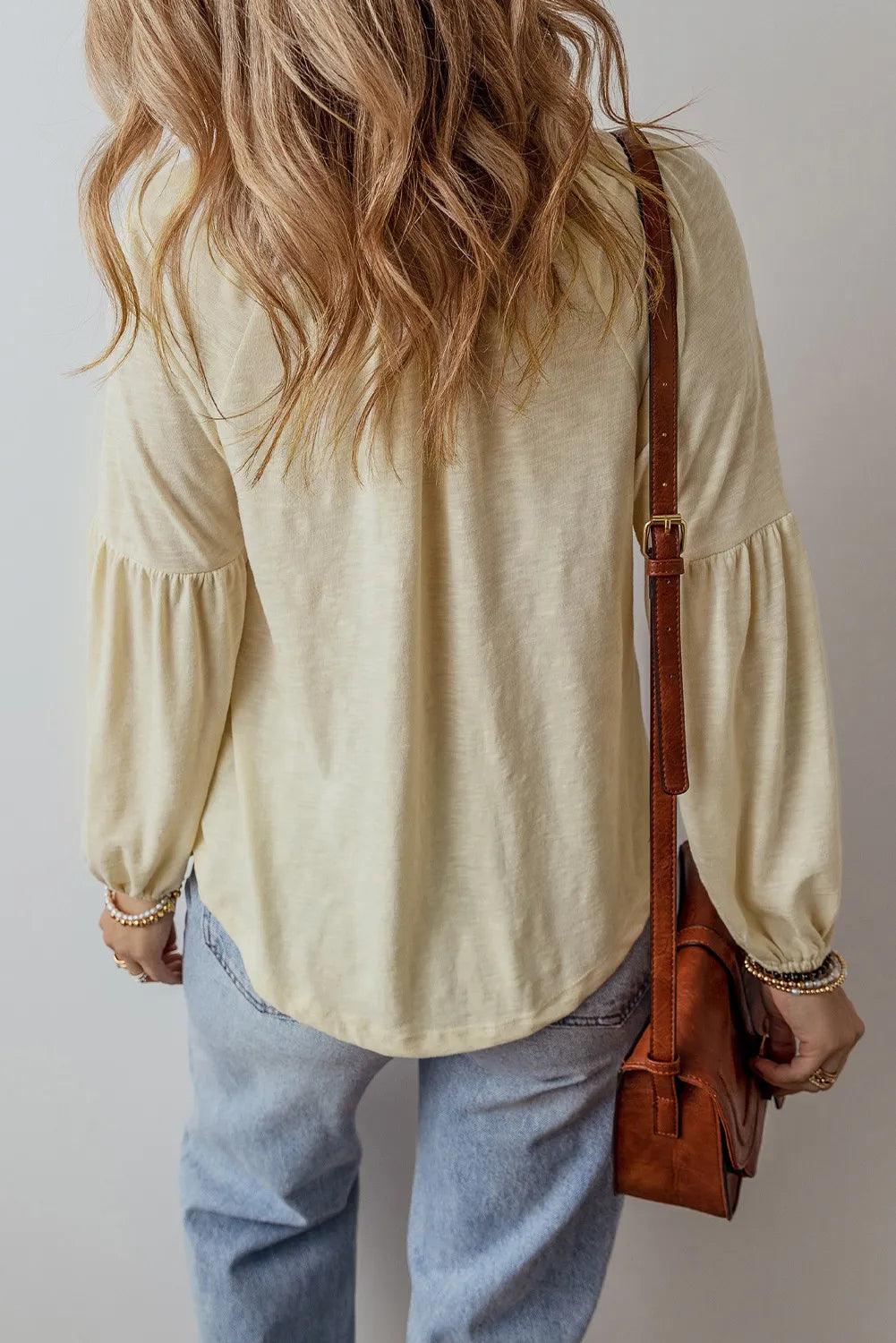 Embroidered Notched Long Sleeve Blouse - Honeypot