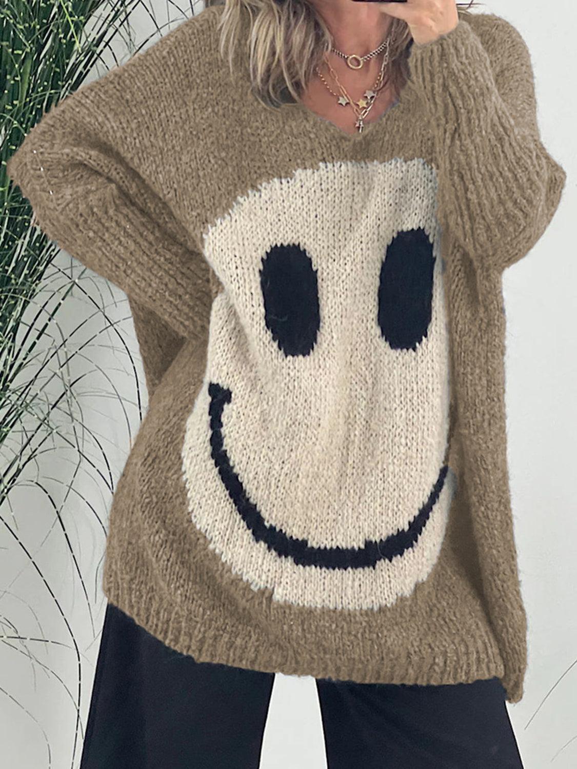 Smiley Face V-Neck Sweater - Honeypot