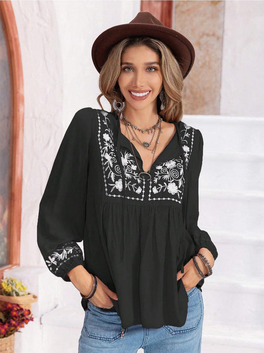 Floral Tie Neck Balloon Sleeve Blouse - Honeypot