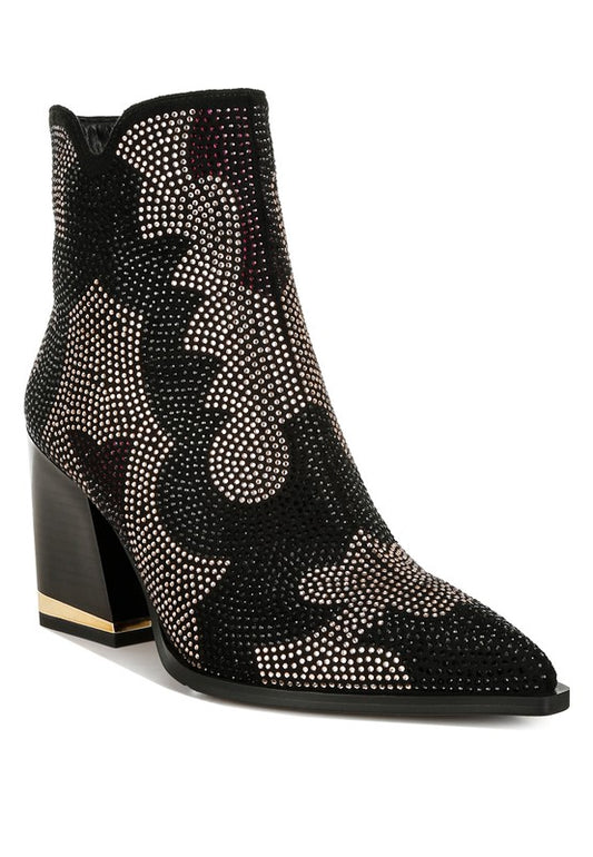 Zarka Rhinestones Embellished Block Heel Boots - Honeypot