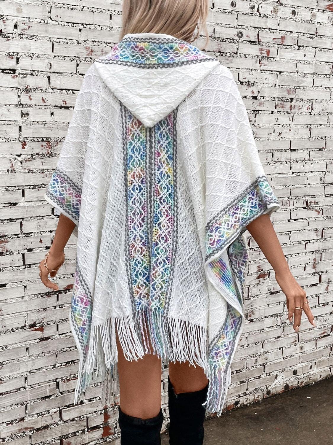 Fringe Half Sleeve Hooded Poncho - Honeypot