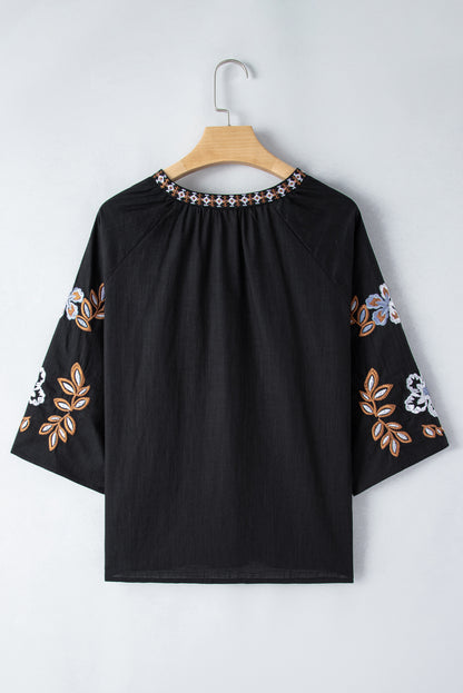 Bohemian Floral Embroidered V-Neck Blouse