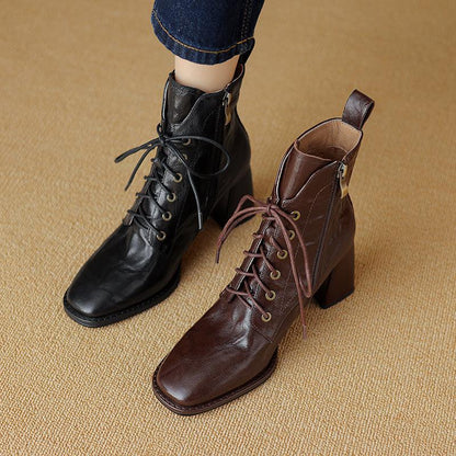 Leather Lace-Up Block Heeled Boots - Honeypot