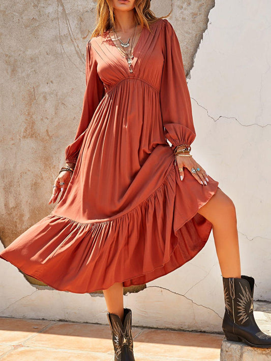 Ruched V-Neck Long Sleeve Midi Dress // Honeypot: New + Vintage High Quality Western Wear