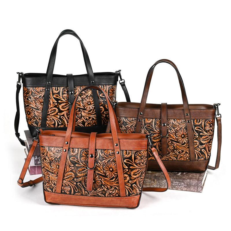 Hand-Tooled Cowhide Carry-All Bag - Honeypot