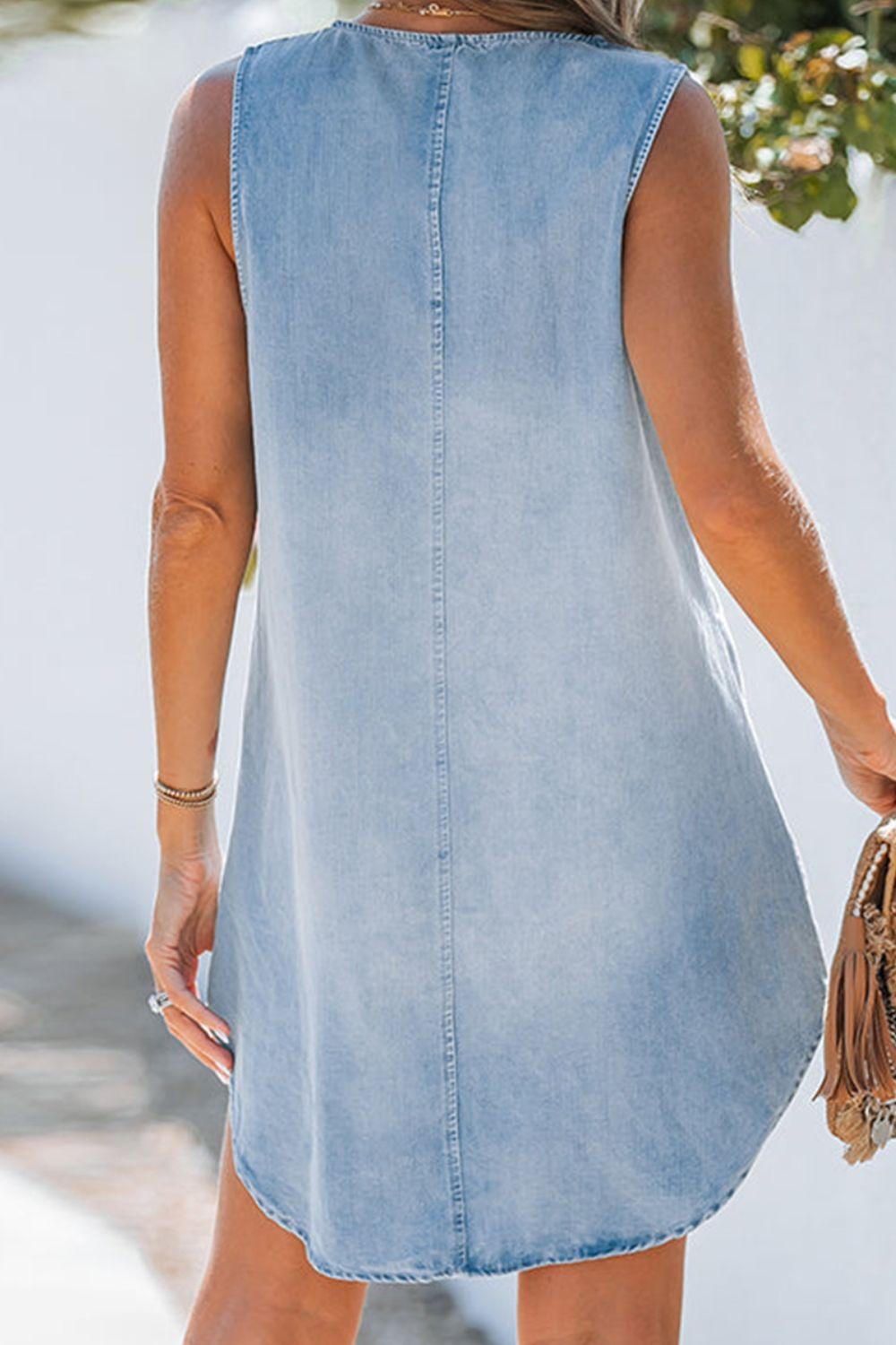 Notched Sleeveless Denim Dress - Honeypot