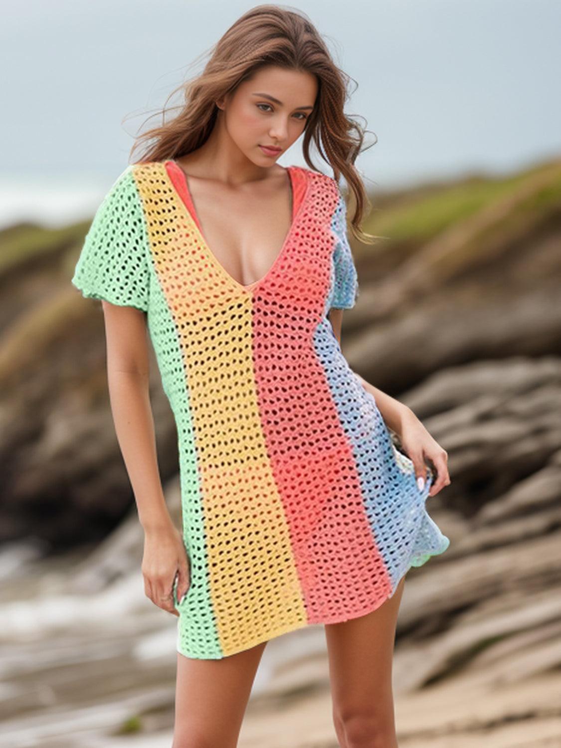 Openwork Color Block V-Neck Short Sleeve Cover-Up - Honeypot