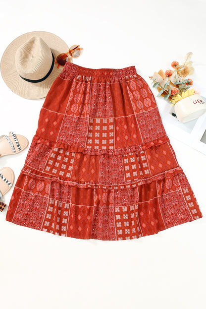 Fiery Red Bohemian Mix Print Long Flared Skirt - Honeypot