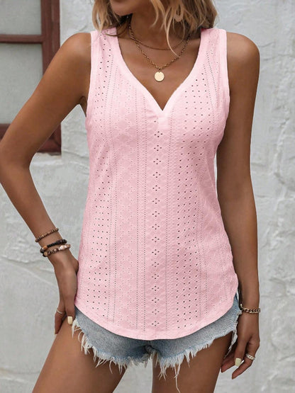 Eyelet V-Neck Wide Strap Tank - Honeypot