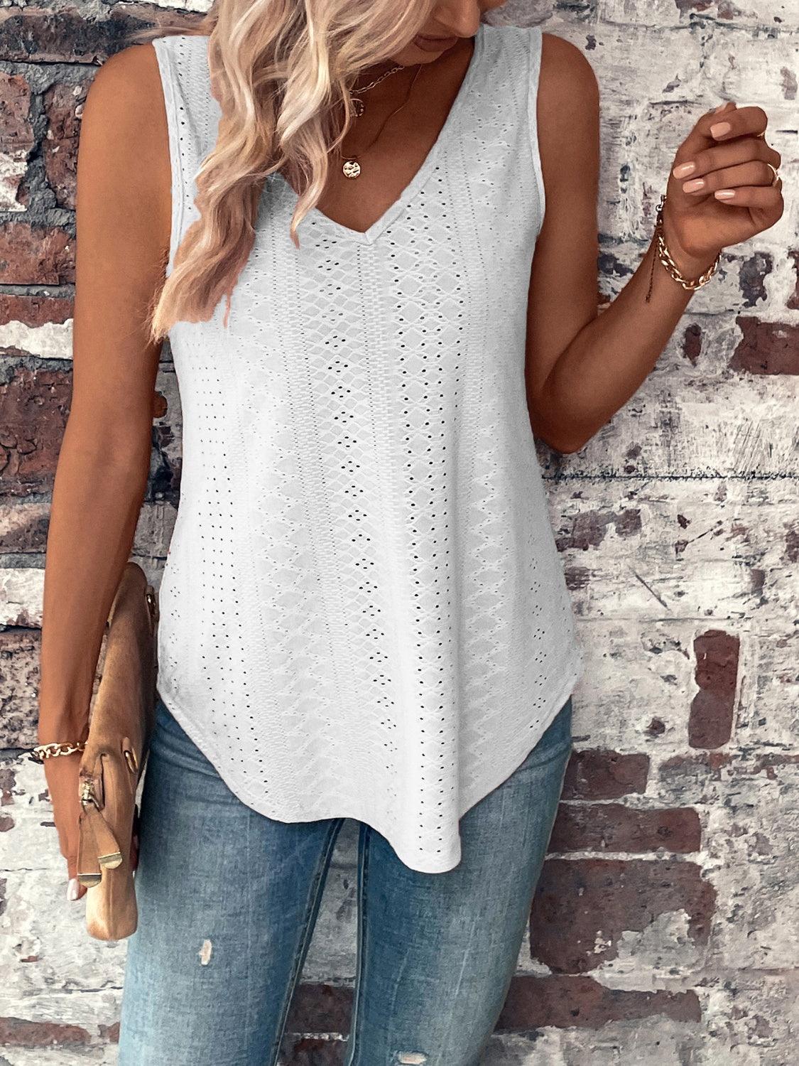 Eyelet V-Neck Wide Strap Tank - Honeypot