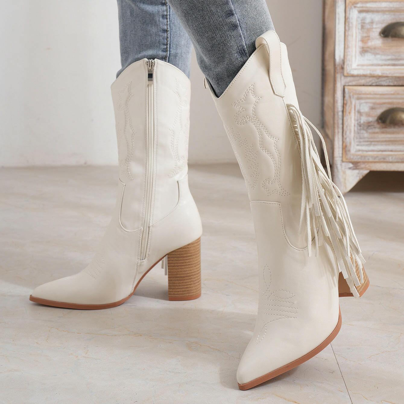 White Block Heel Western Boots - Honeypot