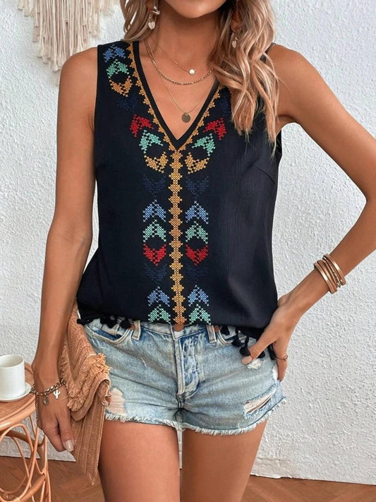 Tassel Printed V-Neck Tank - Honeypot