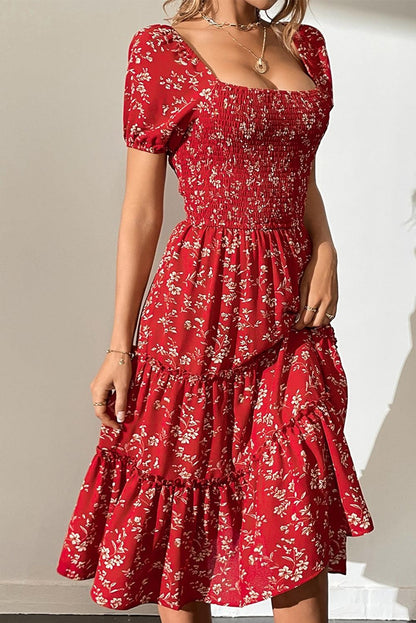 Red Floral Square Neck Midi Dress - Honeypot