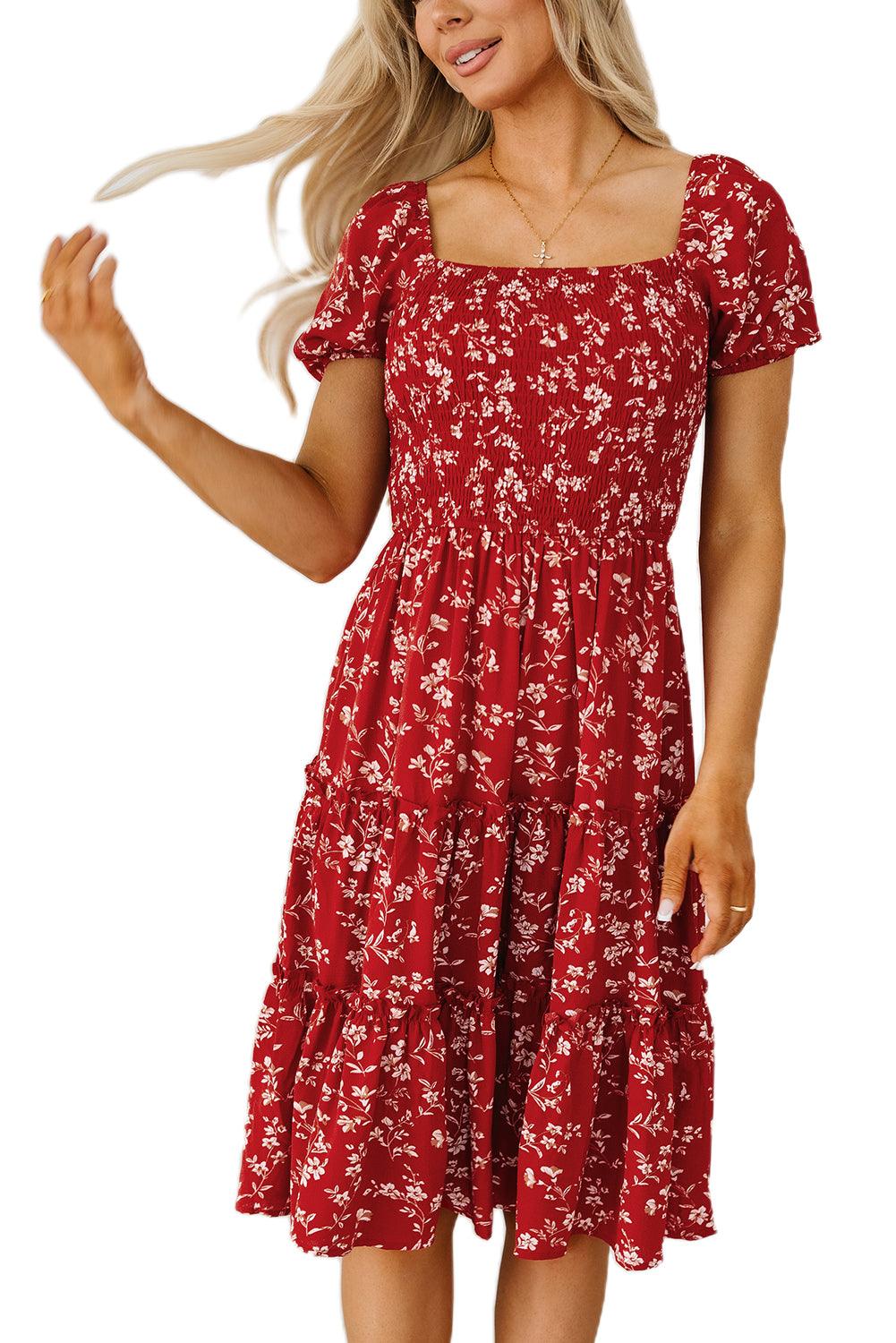 Red Floral Square Neck Midi Dress - Honeypot