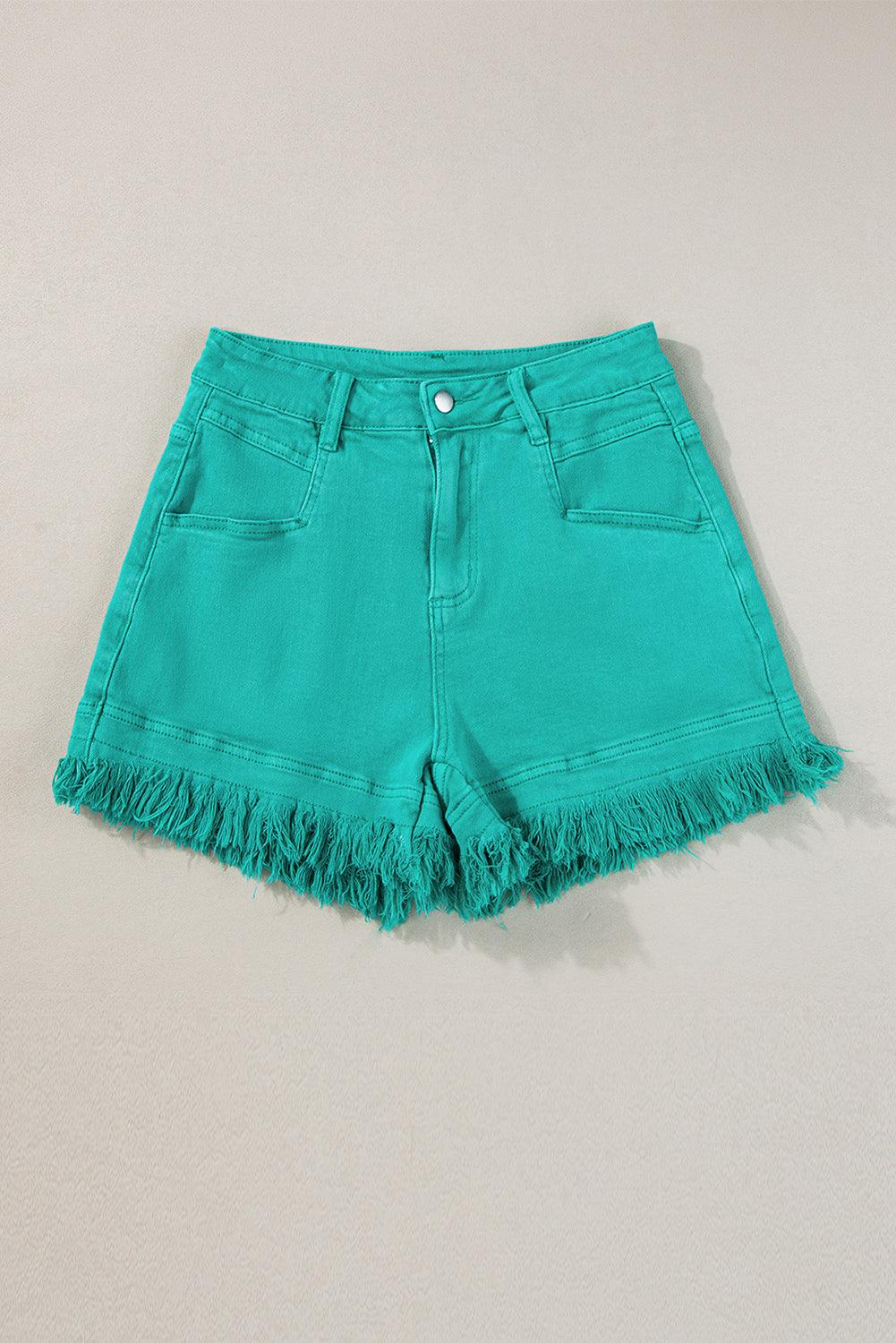 Turquoise Frayed Edge Mid Rise Denim Shorts - Honeypot