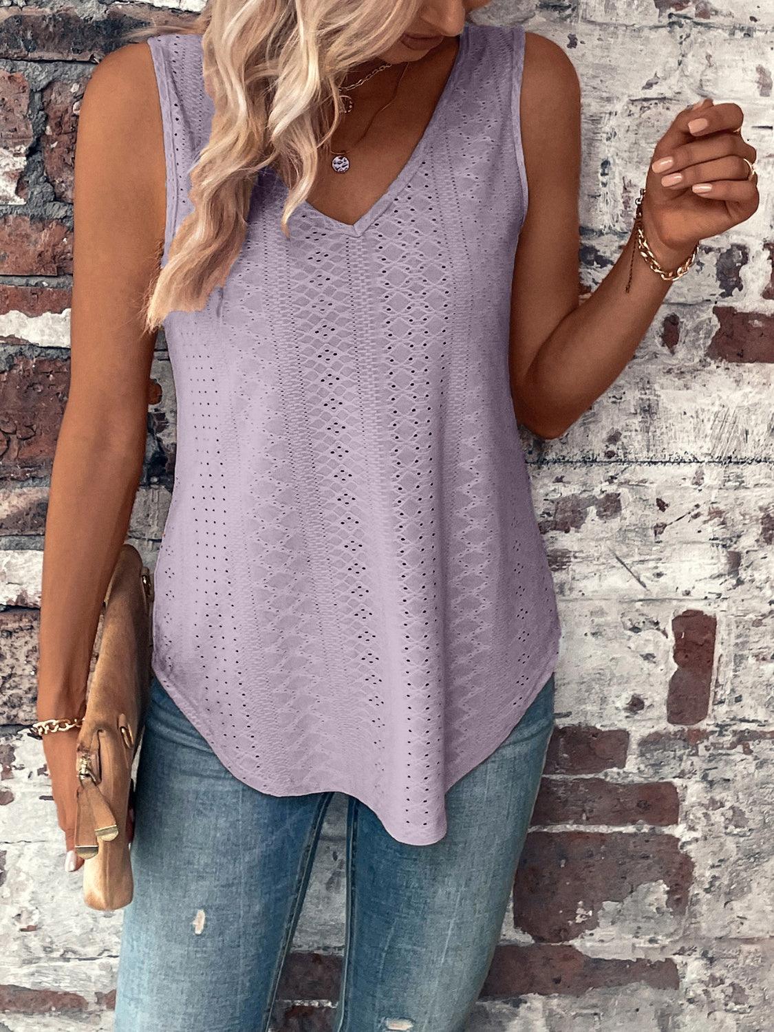 Eyelet V-Neck Wide Strap Tank - Honeypot