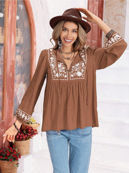 Floral Tie Neck Balloon Sleeve Blouse - Honeypot