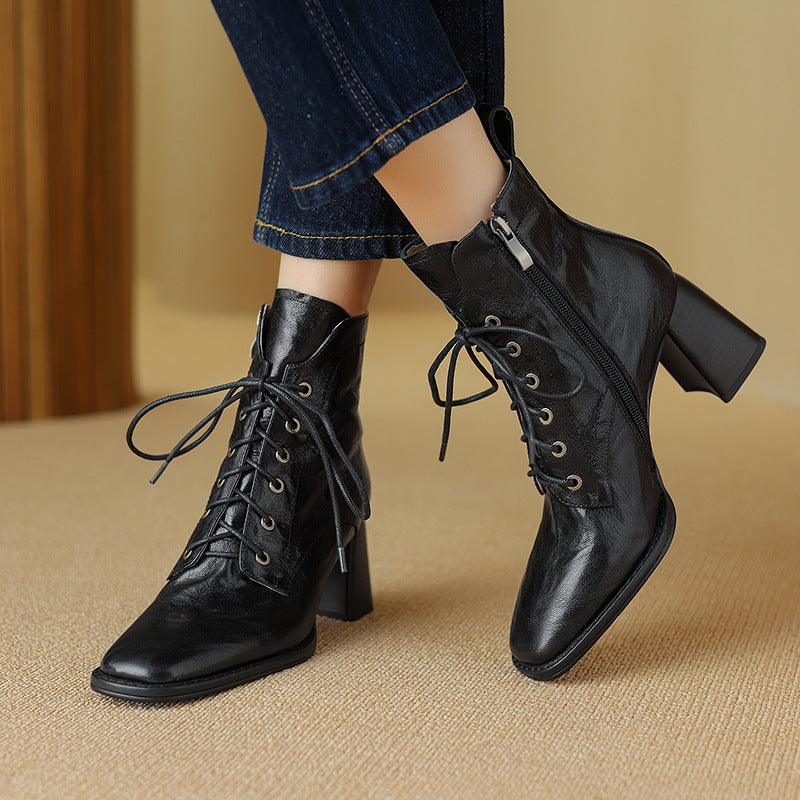 Leather Lace-Up Block Heeled Boots - Honeypot