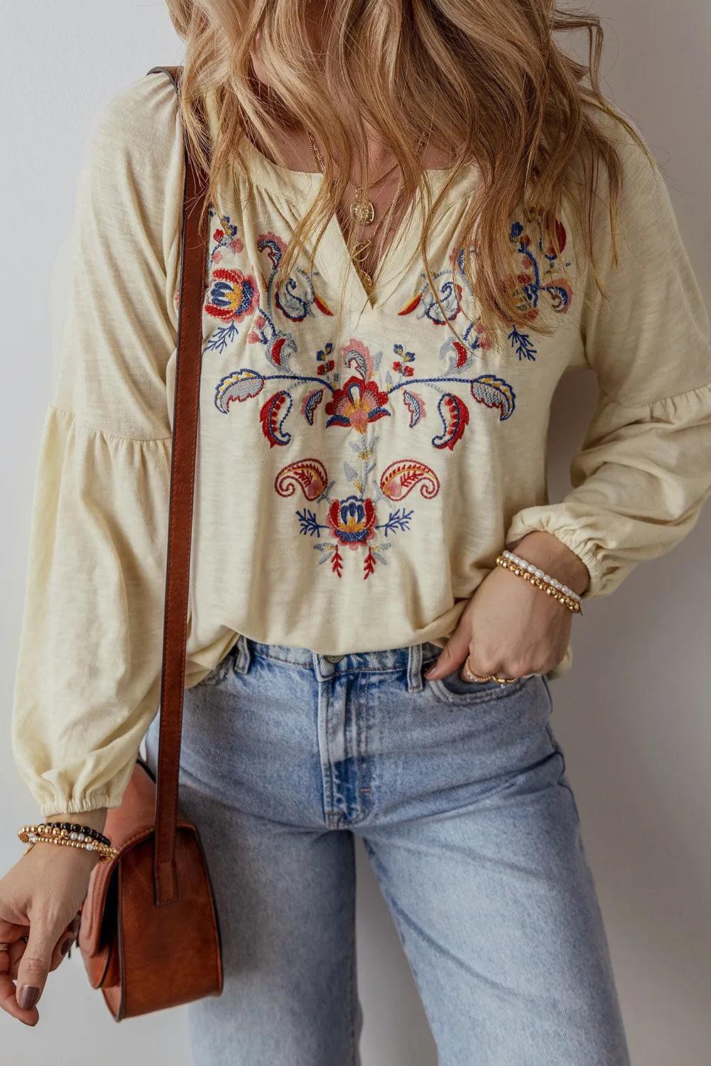 Embroidered Notched Long Sleeve Blouse - Honeypot