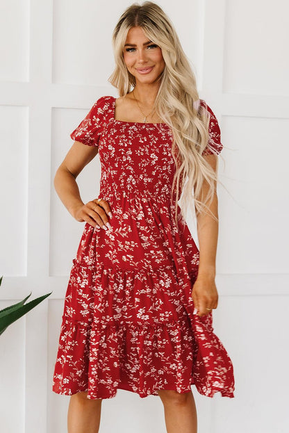 Red Floral Square Neck Midi Dress - Honeypot