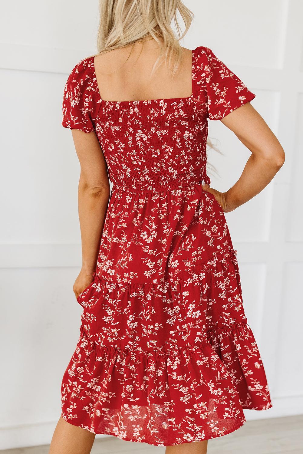 Red Floral Square Neck Midi Dress - Honeypot