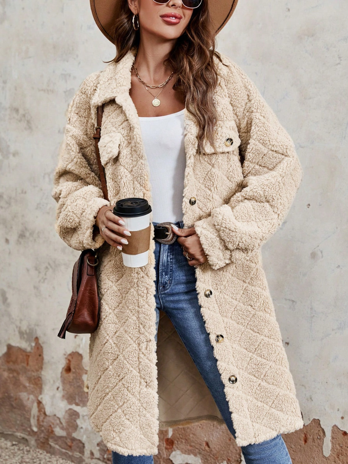 Fuzzy Button Up Dropped Shoulder Long Sleeve Coat - Honeypot