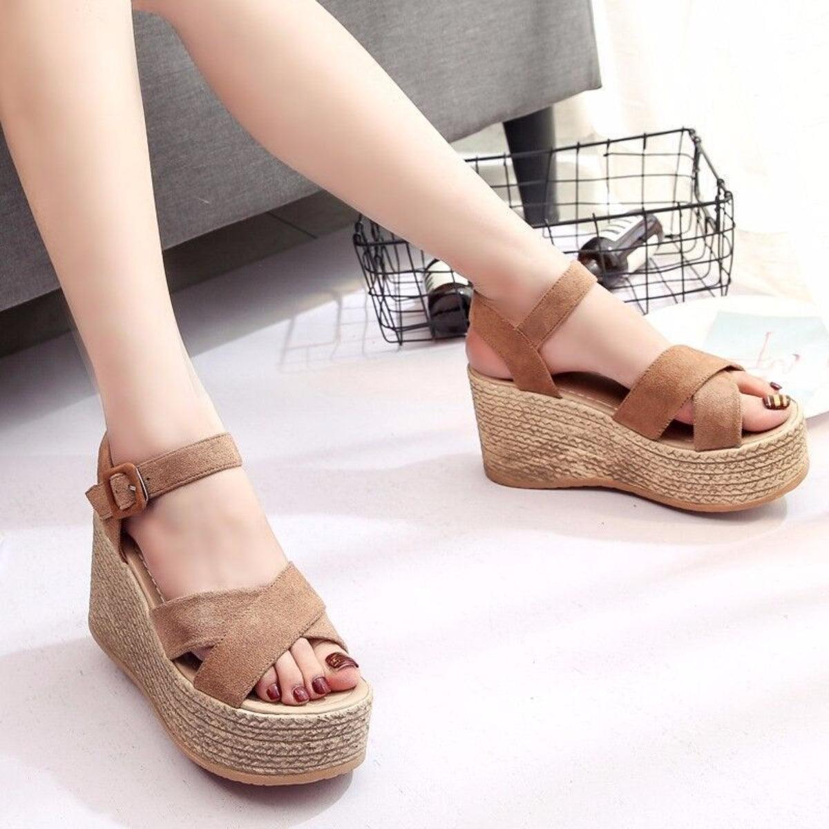 Crisscross Open Toe Wedge Sandals - Honeypot