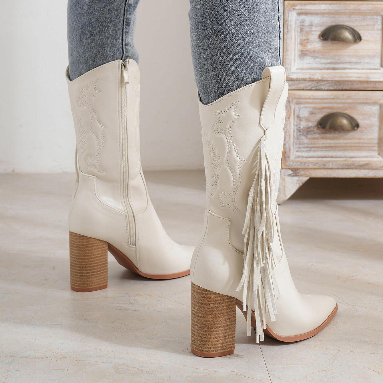 White Block Heel Western Boots - Honeypot