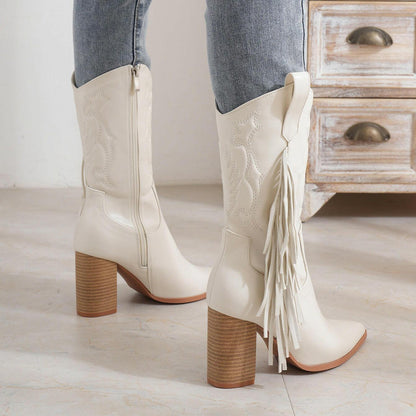 White Block Heel Western Boots - Honeypot