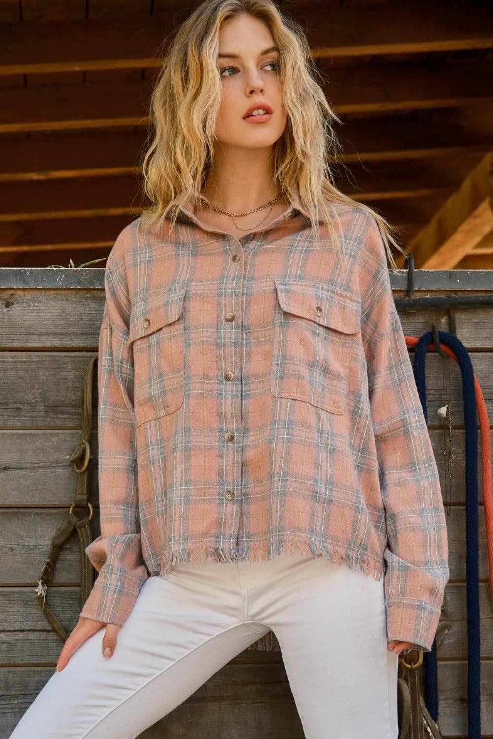 Plaid Button Up Raw Hem Shirt - Honeypot