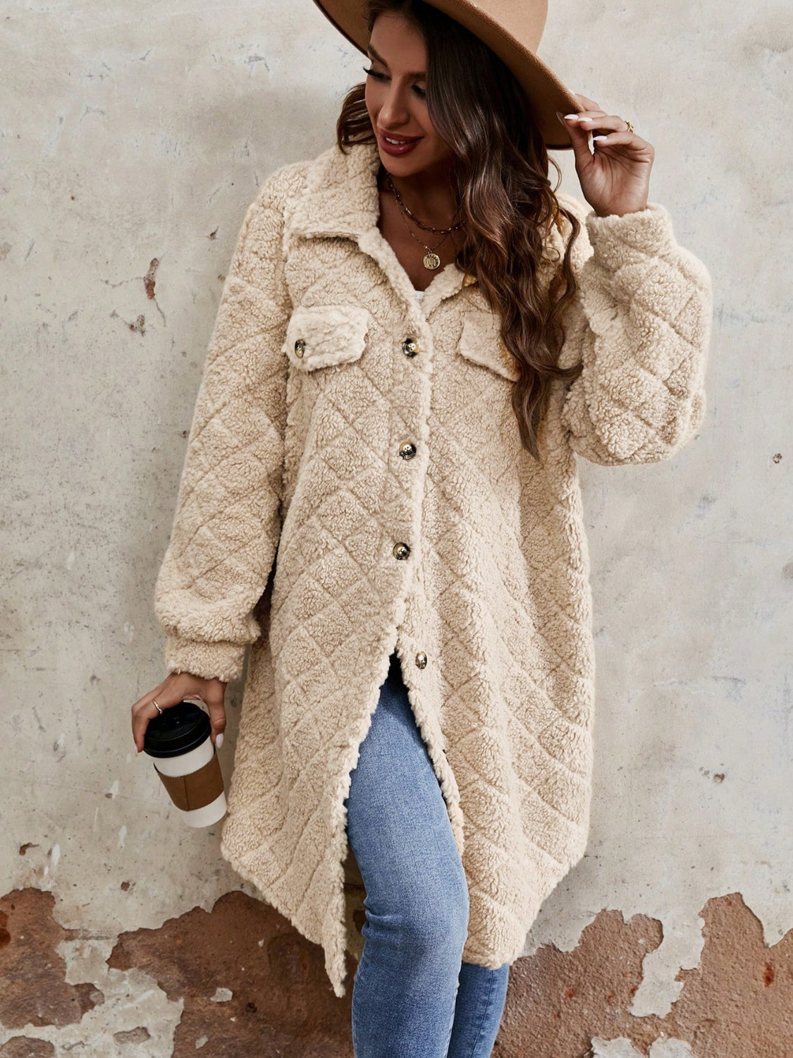 Fuzzy Button Up Dropped Shoulder Long Sleeve Coat - Honeypot