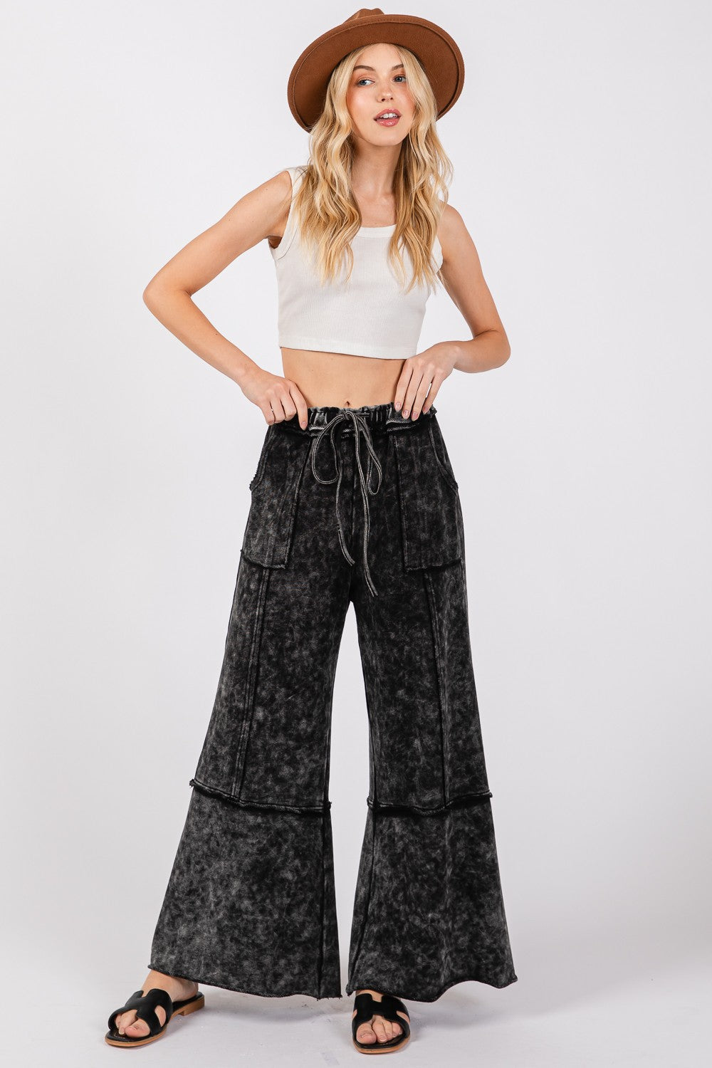 SAGE + FIG Mineral Washed Terry Wide Leg Pants - Honeypot