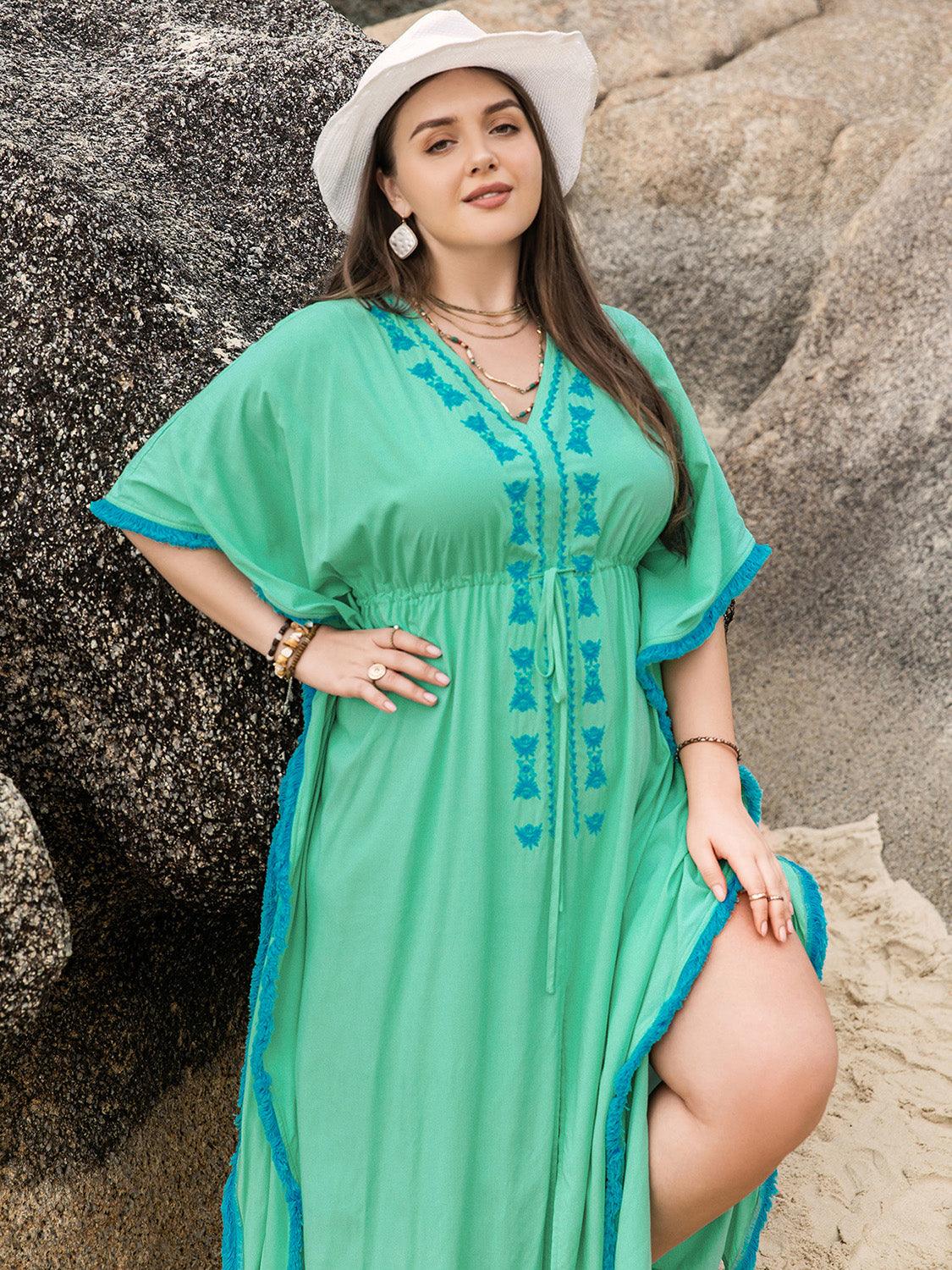 Plus Size Tied Fringe V-Neck Half Sleeve Dress - Honeypot