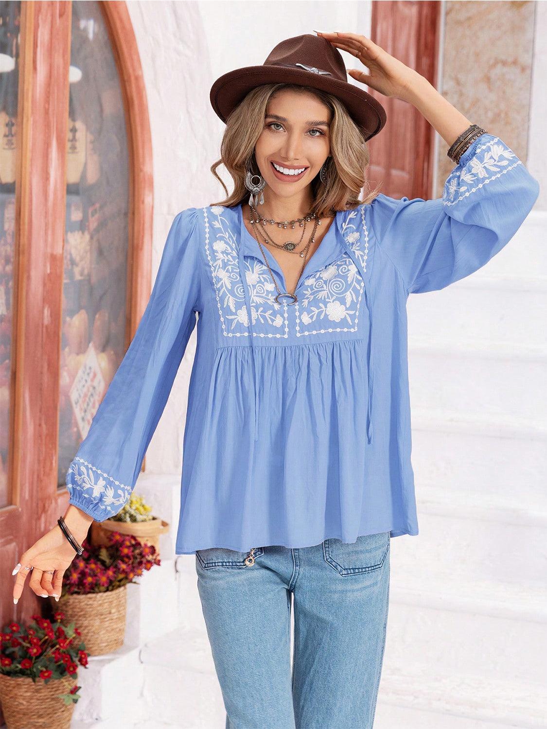 Floral Tie Neck Balloon Sleeve Blouse - Honeypot