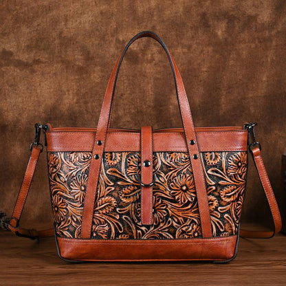 Hand-Tooled Cowhide Carry-All Bag - Honeypot